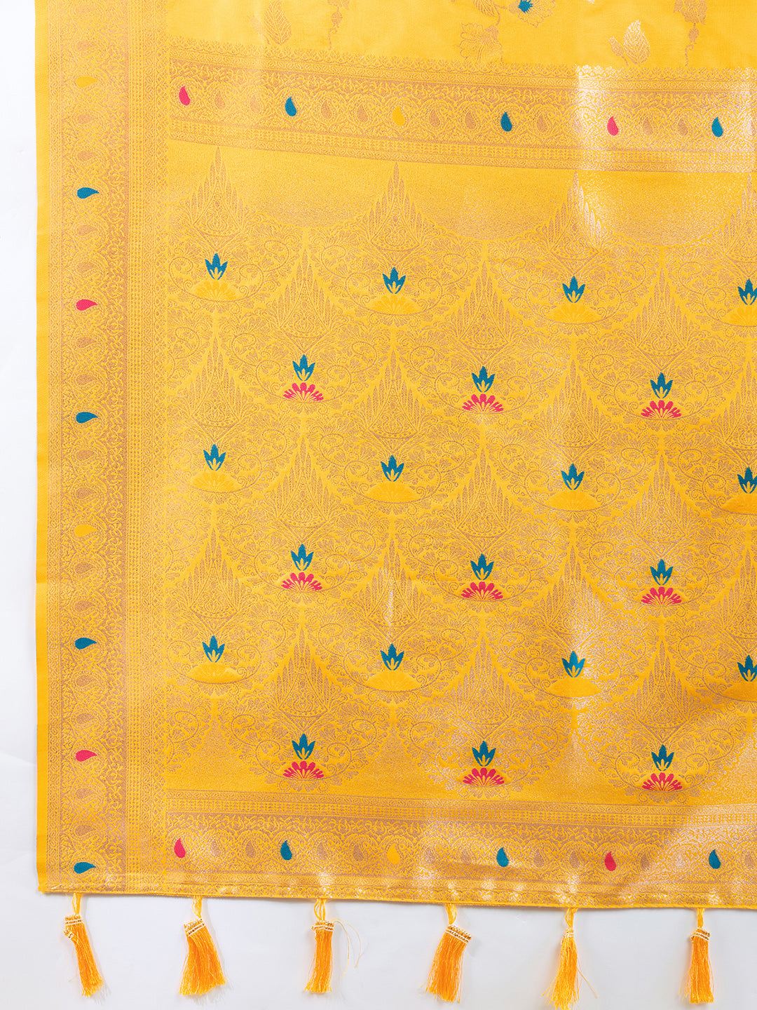 Yellow Soft Banarasi Silk Saree Featuring Meenakari Zari Weaving & Tassels on Pallu