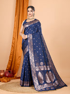 Navy Soft Banarasi Silk Saree Featuring Meenakari Zari Weaving & Tassels on Pallu
