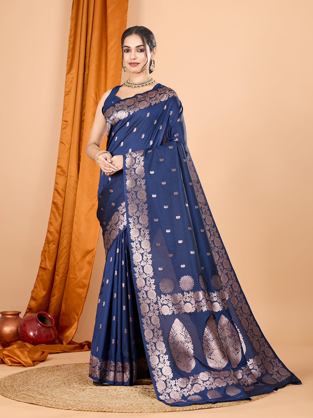 Navy Soft Banarasi Silk Saree Featuring Meenakari Zari Weaving & Tassels on Pallu