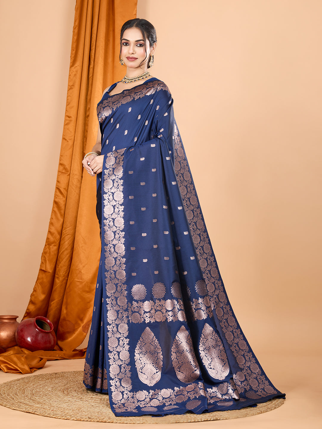 Navy Soft Banarasi Silk Saree Featuring Meenakari Zari Weaving & Tassels on Pallu