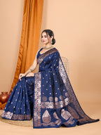 Navy Soft Banarasi Silk Saree Featuring Meenakari Zari Weaving & Tassels on Pallu