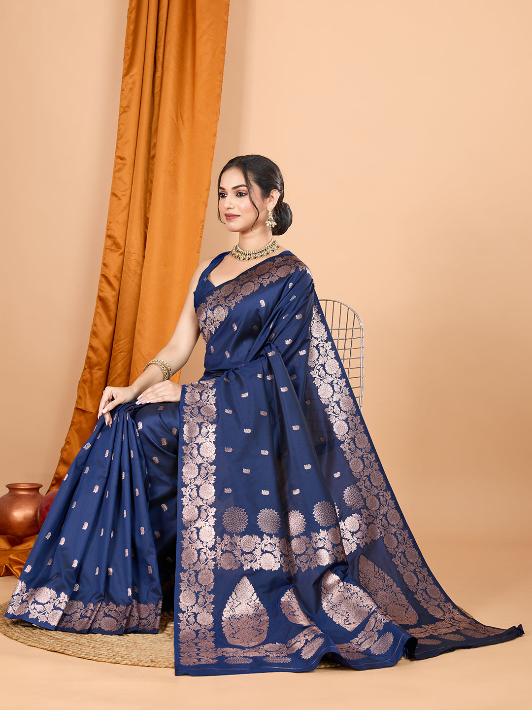 Navy Soft Banarasi Silk Saree Featuring Meenakari Zari Weaving & Tassels on Pallu
