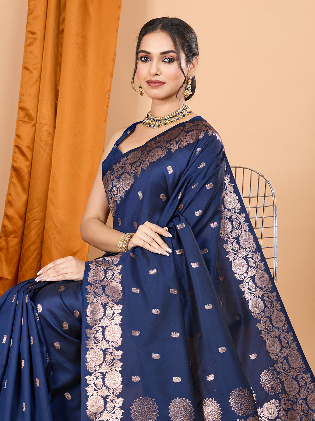 Navy Soft Banarasi Silk Saree Featuring Meenakari Zari Weaving & Tassels on Pallu