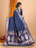 Navy Soft Banarasi Silk Saree Featuring Meenakari Zari Weaving & Tassels on Pallu