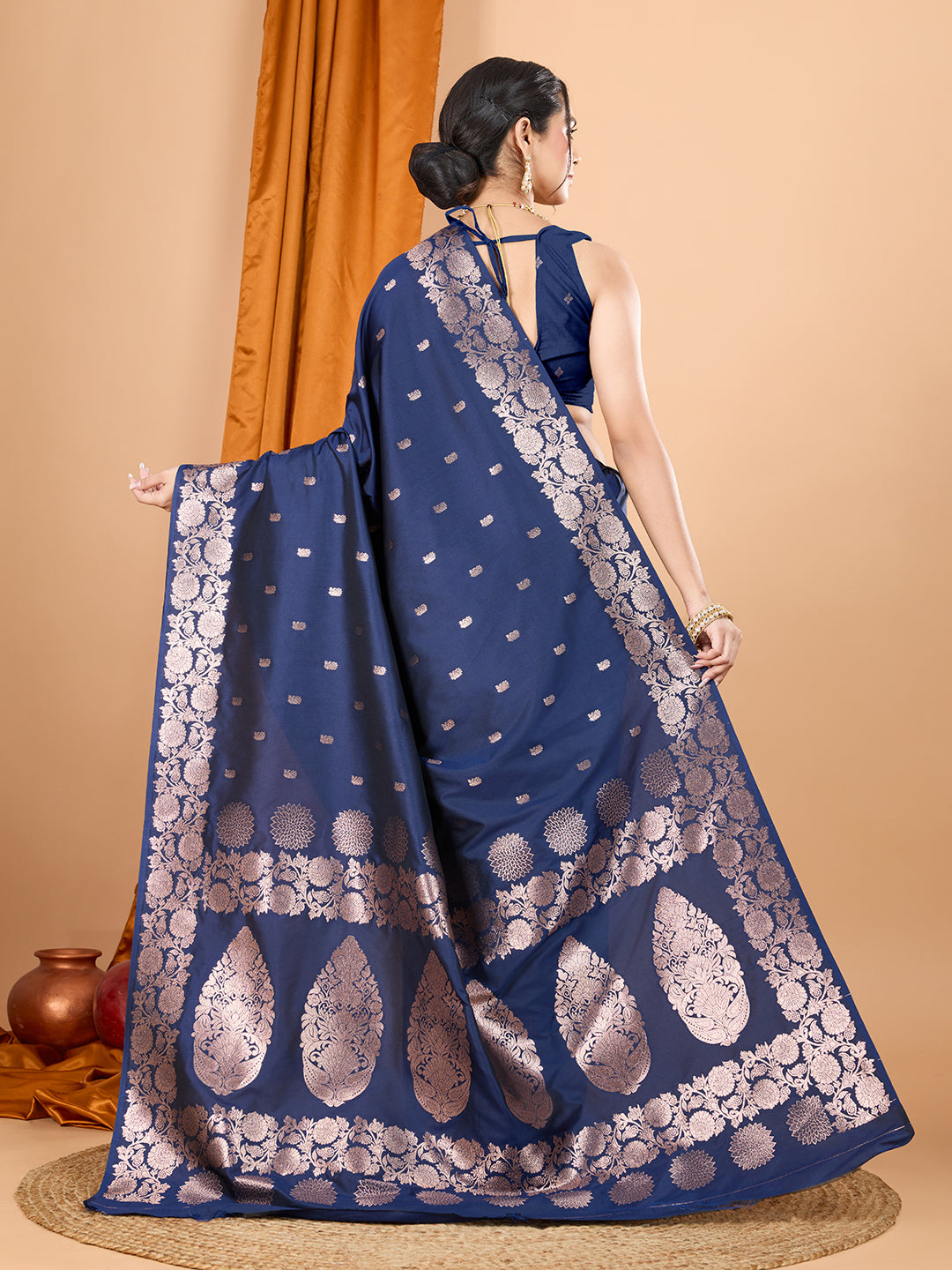 Navy Soft Banarasi Silk Saree Featuring Meenakari Zari Weaving & Tassels on Pallu