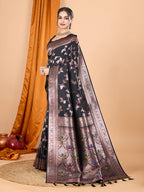 Black Soft Banarasi Silk Saree Featuring Meenakari Zari Weaving & Tassels on Pallu