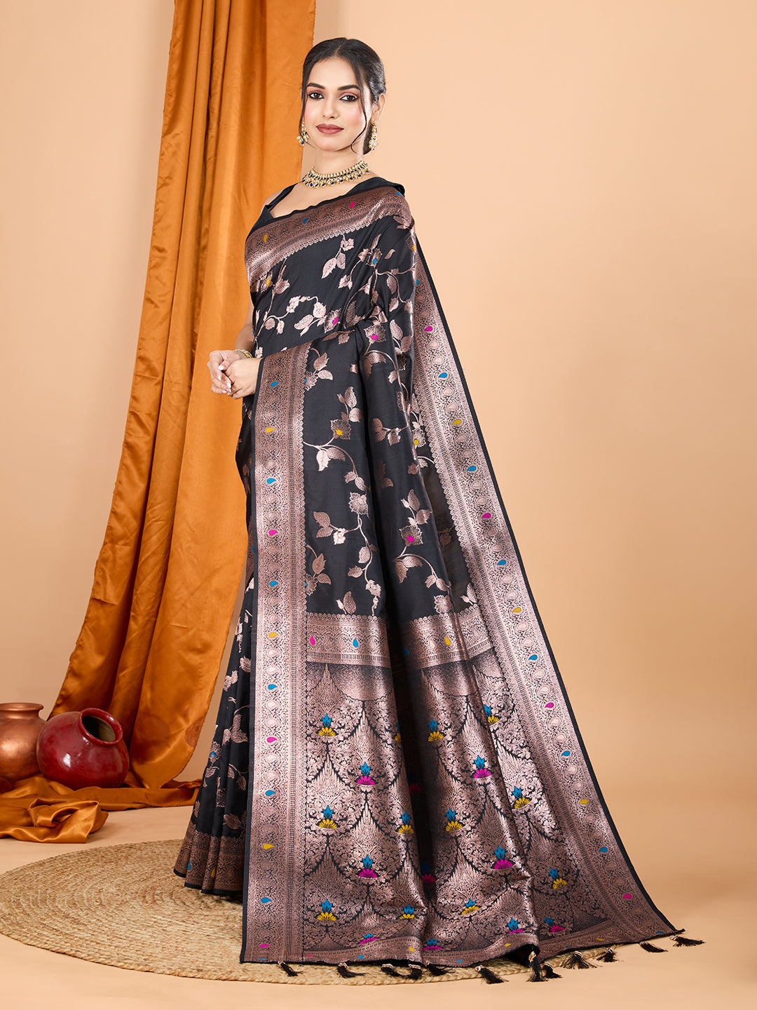 Black Soft Banarasi Silk Saree Featuring Meenakari Zari Weaving & Tassels on Pallu