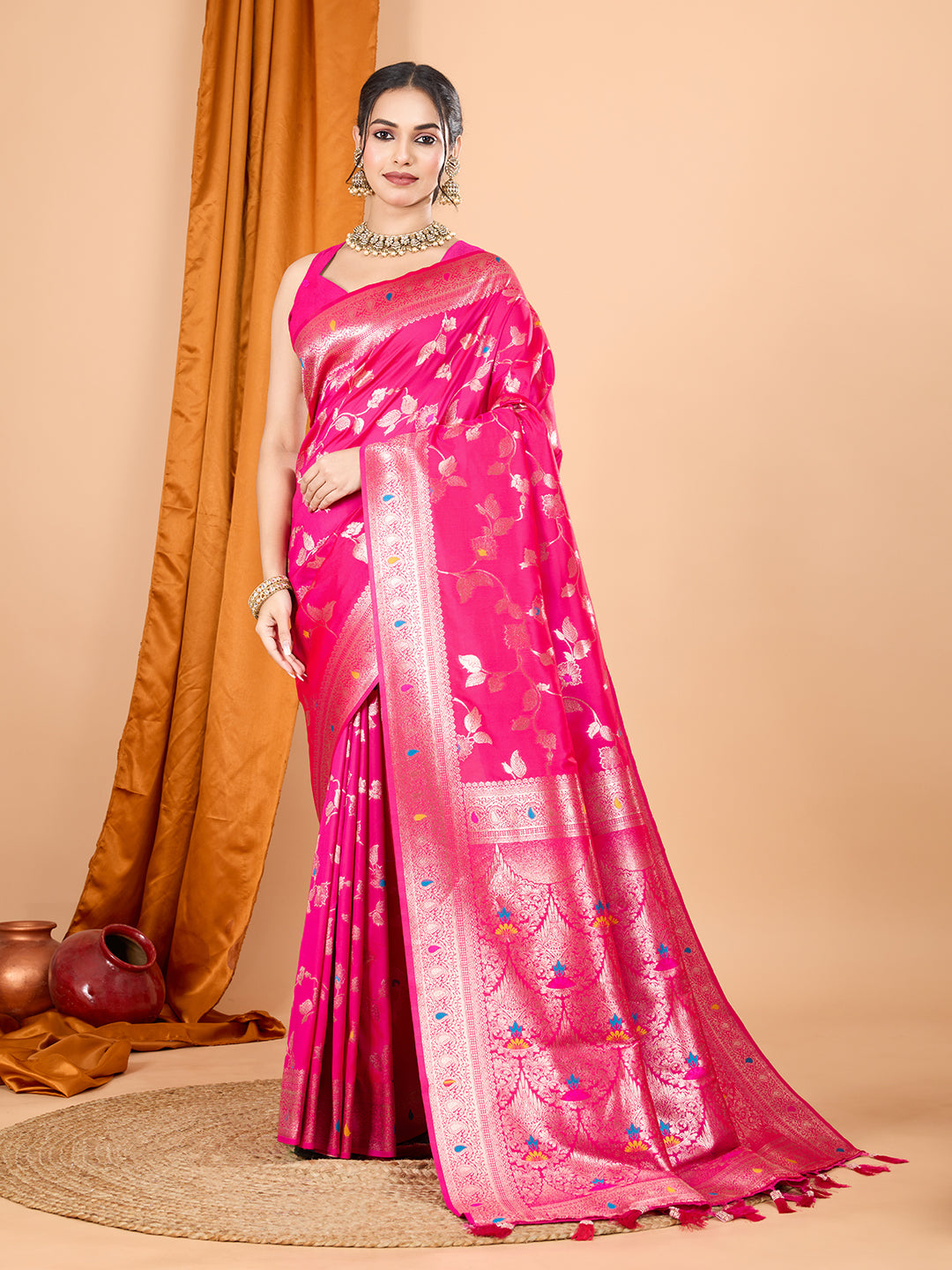 Pink Soft Banarasi Silk Saree Featuring Meenakari Zari Weaving & Tassels on Pallu