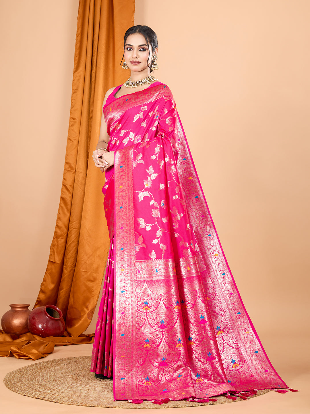 Pink Soft Banarasi Silk Saree Featuring Meenakari Zari Weaving & Tassels on Pallu