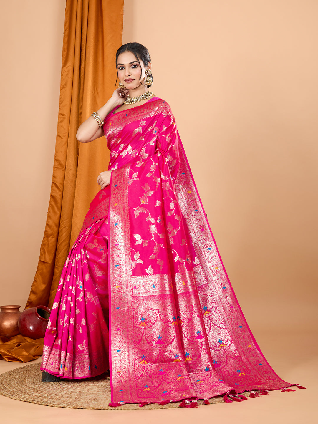 Pink Soft Banarasi Silk Saree Featuring Meenakari Zari Weaving & Tassels on Pallu