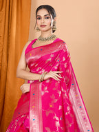 Pink Soft Banarasi Silk Saree Featuring Meenakari Zari Weaving & Tassels on Pallu