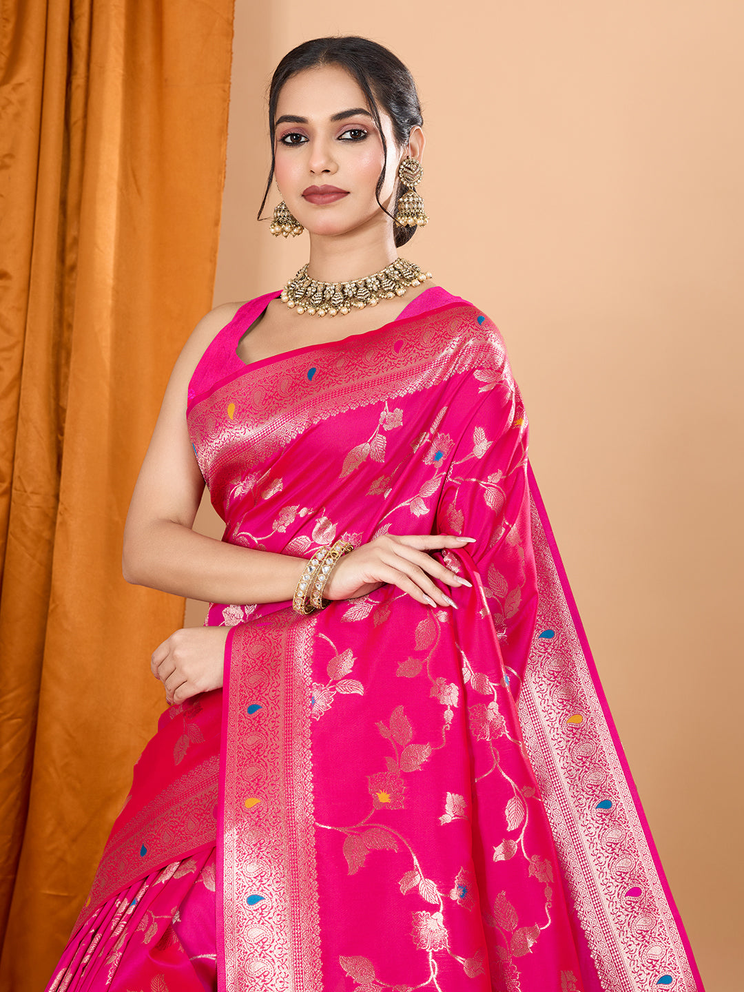Pink Soft Banarasi Silk Saree Featuring Meenakari Zari Weaving & Tassels on Pallu