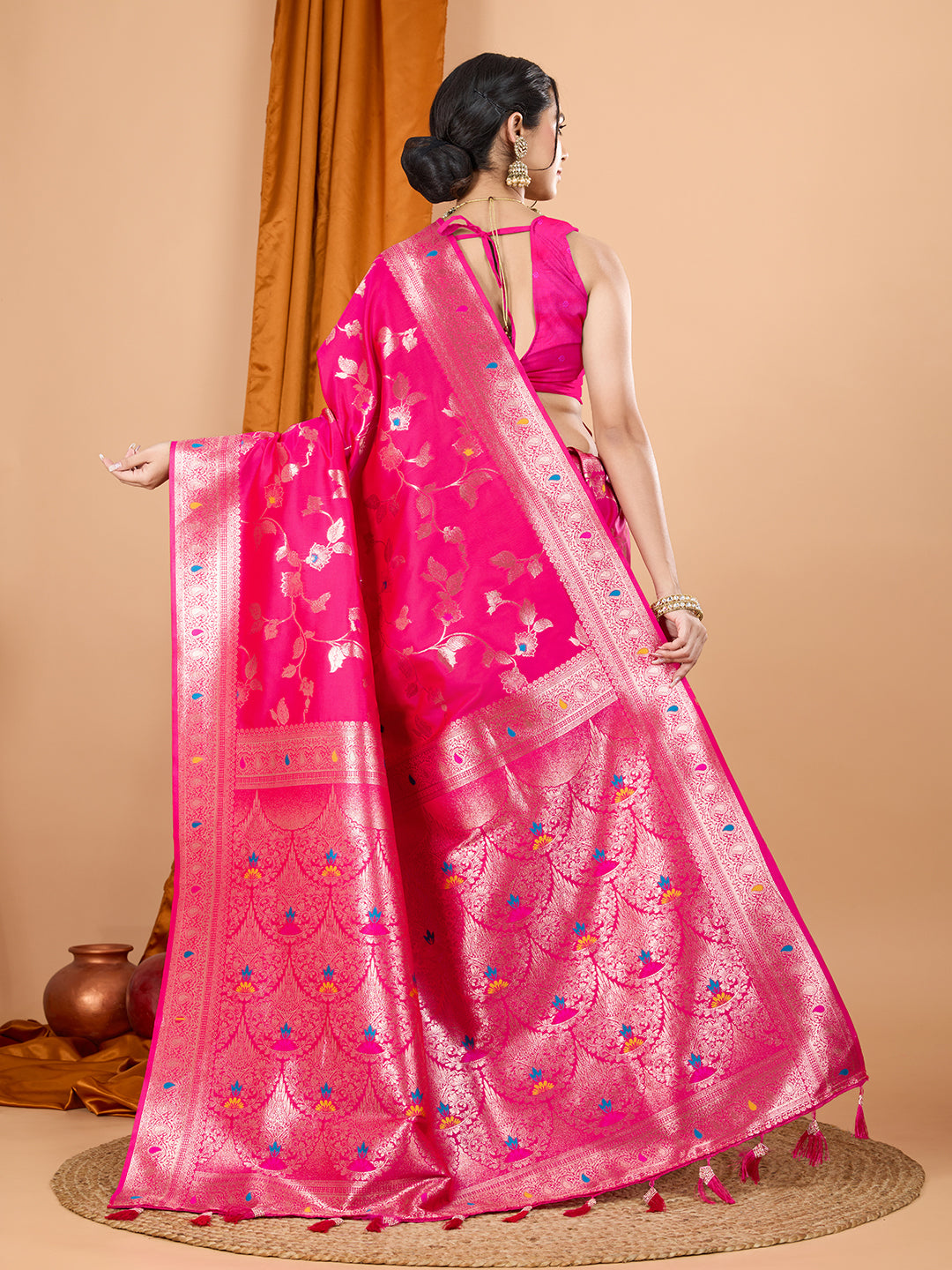 Pink Soft Banarasi Silk Saree Featuring Meenakari Zari Weaving & Tassels on Pallu