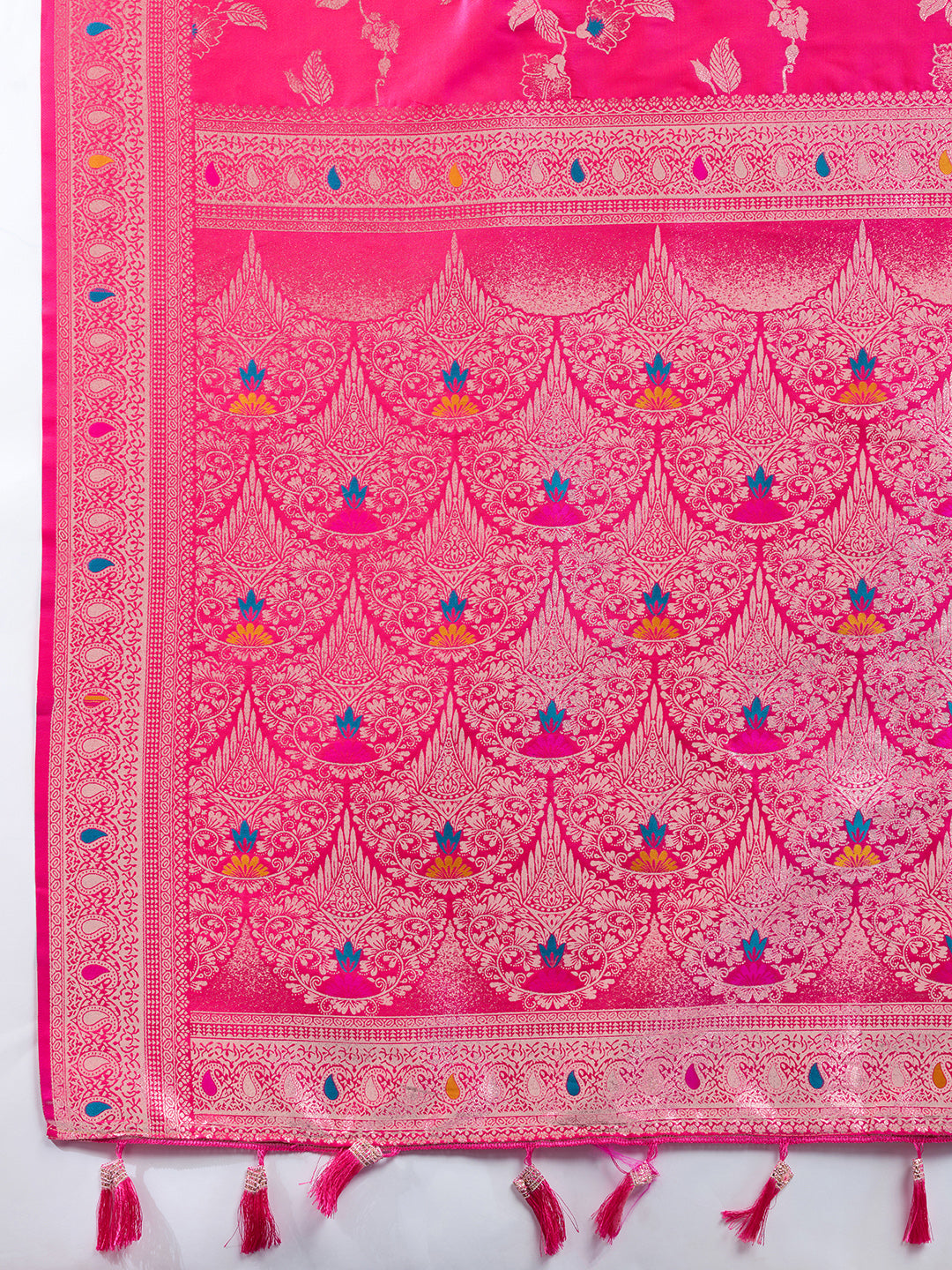 Pink Soft Banarasi Silk Saree Featuring Meenakari Zari Weaving & Tassels on Pallu