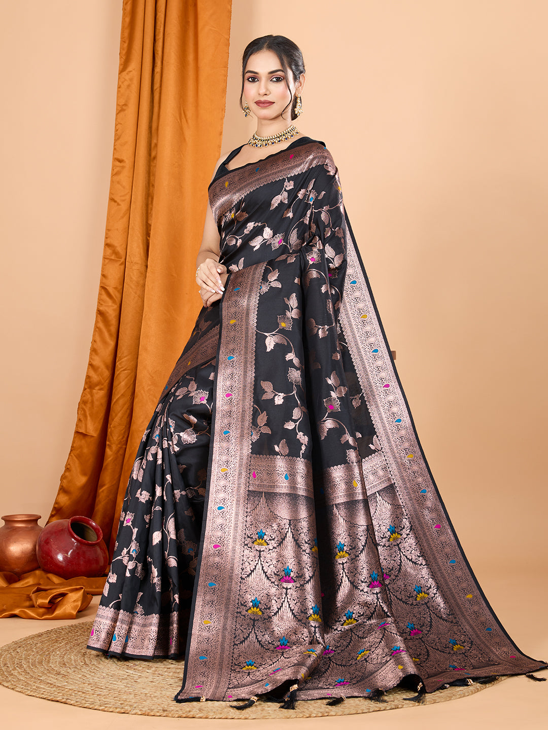 Black Soft Banarasi Silk Saree Featuring Meenakari Zari Weaving & Tassels on Pallu