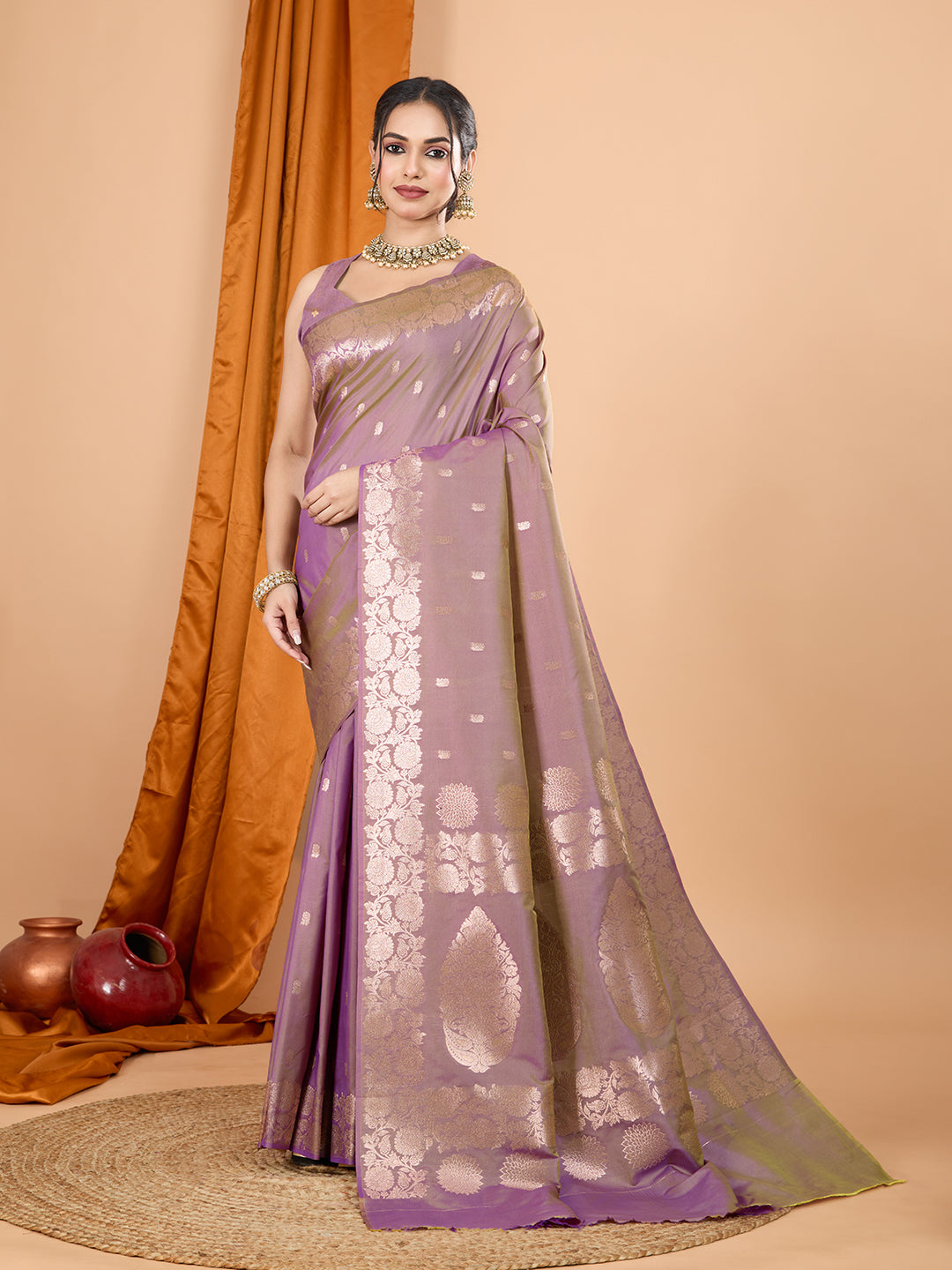 Lavender Soft Banarasi Silk Saree Featuring Meenakari Zari Weaving & Tassels on Pallu