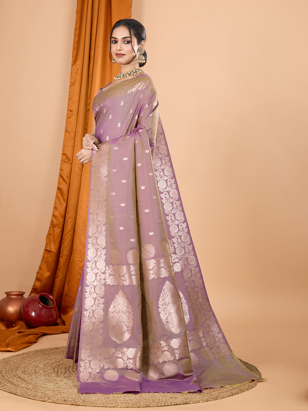Lavender Soft Banarasi Silk Saree Featuring Meenakari Zari Weaving & Tassels on Pallu