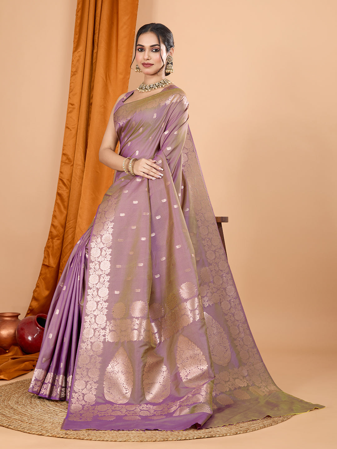 Lavender Soft Banarasi Silk Saree Featuring Meenakari Zari Weaving & Tassels on Pallu