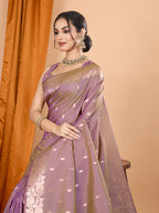 Lavender Soft Banarasi Silk Saree Featuring Meenakari Zari Weaving & Tassels on Pallu