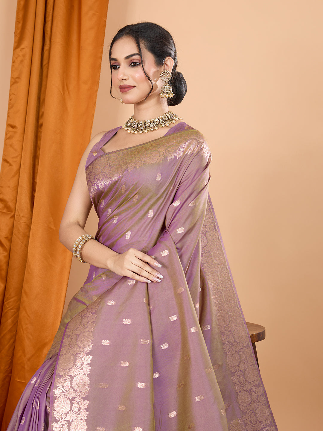 Lavender Soft Banarasi Silk Saree Featuring Meenakari Zari Weaving & Tassels on Pallu