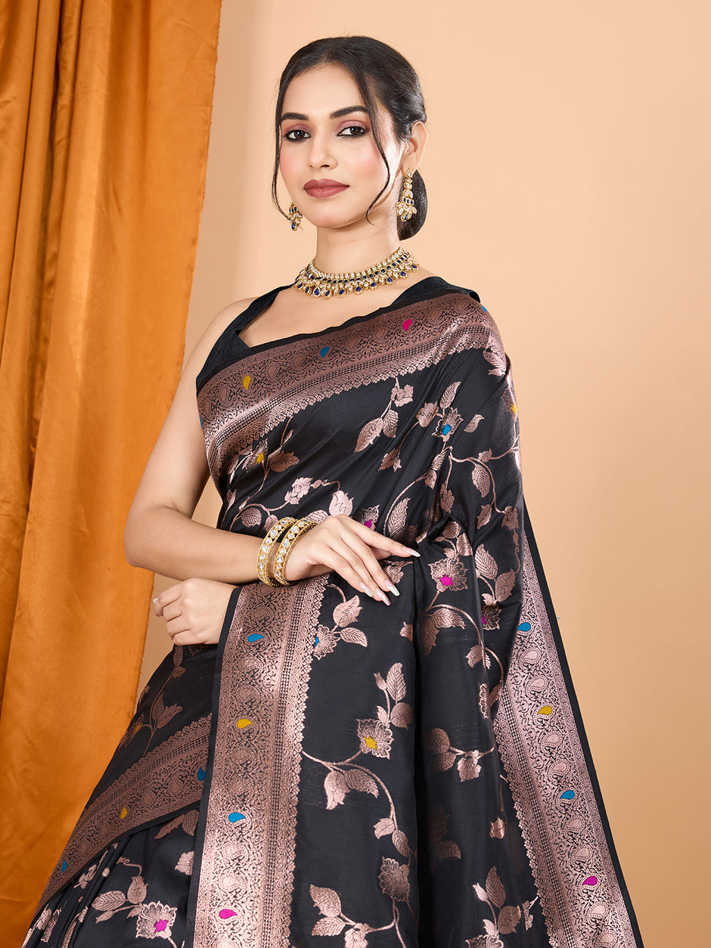 Black Soft Banarasi Silk Saree Featuring Meenakari Zari Weaving & Tassels on Pallu
