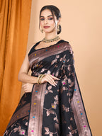 Black Soft Banarasi Silk Saree Featuring Meenakari Zari Weaving & Tassels on Pallu