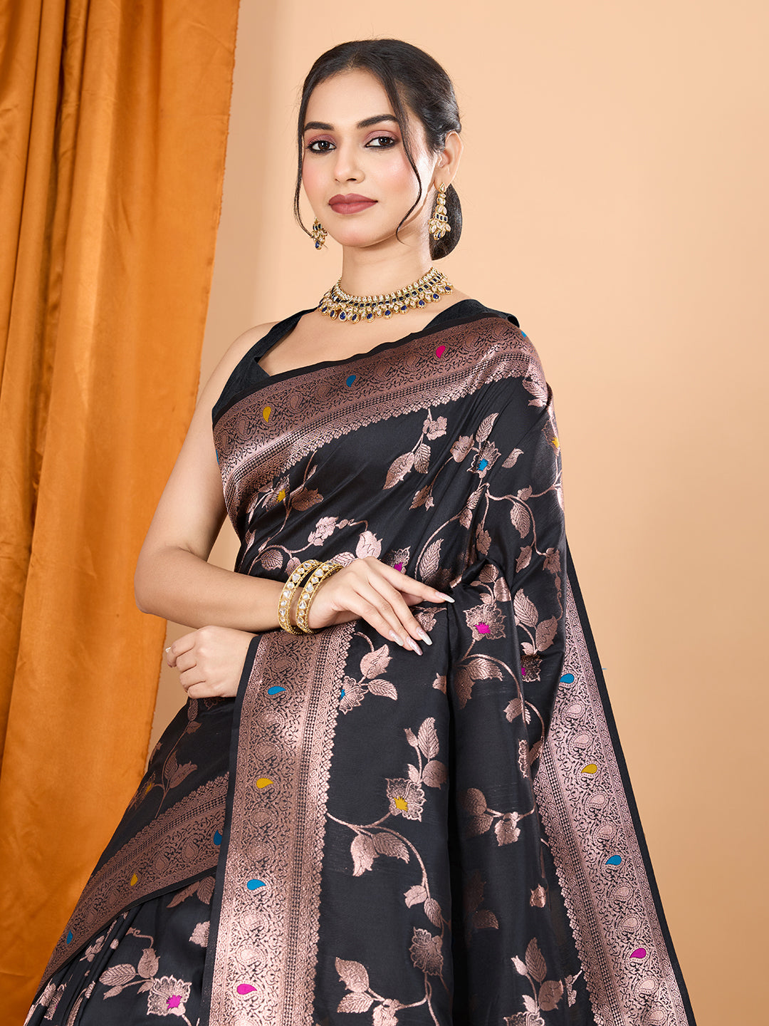 Black Soft Banarasi Silk Saree Featuring Meenakari Zari Weaving & Tassels on Pallu