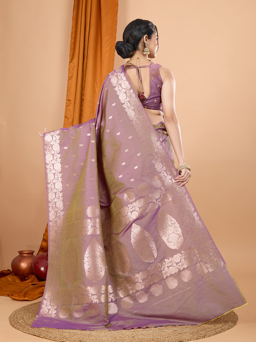 Lavender Soft Banarasi Silk Saree Featuring Meenakari Zari Weaving & Tassels on Pallu