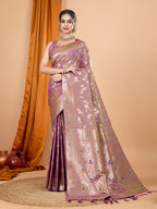 Lavender Soft Banarasi Silk Saree Featuring Meenakari Zari Weaving & Tassels on Pallu