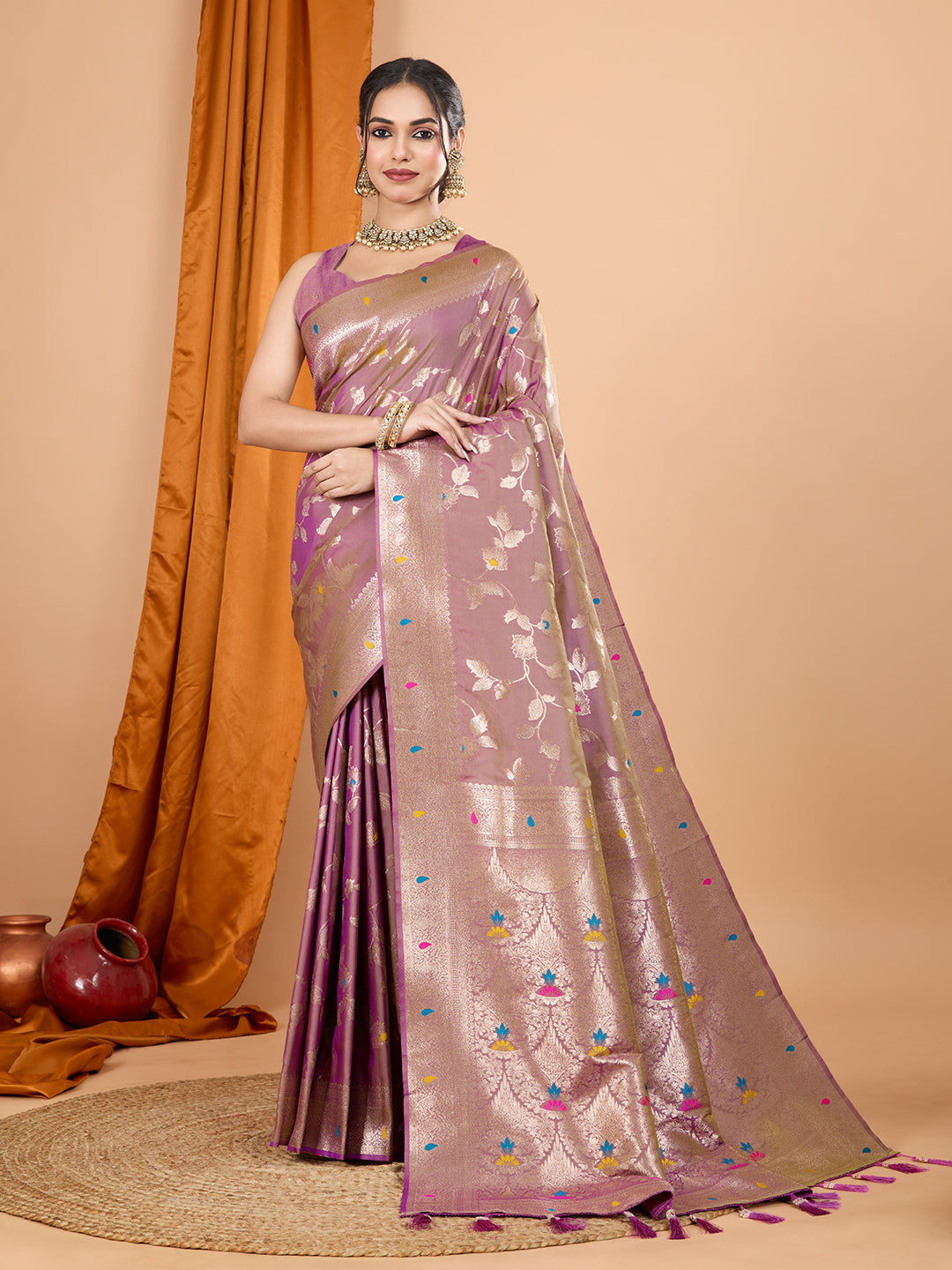 Lavender Soft Banarasi Silk Saree Featuring Meenakari Zari Weaving & Tassels on Pallu