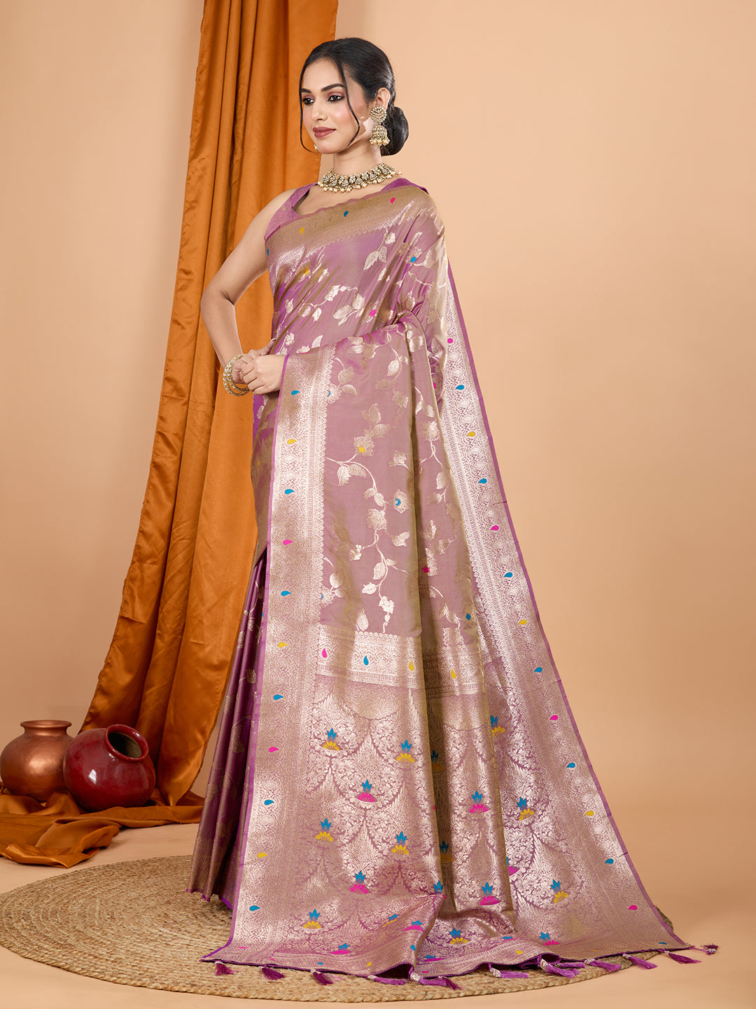 Lavender Soft Banarasi Silk Saree Featuring Meenakari Zari Weaving & Tassels on Pallu