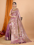 Lavender Soft Banarasi Silk Saree Featuring Meenakari Zari Weaving & Tassels on Pallu