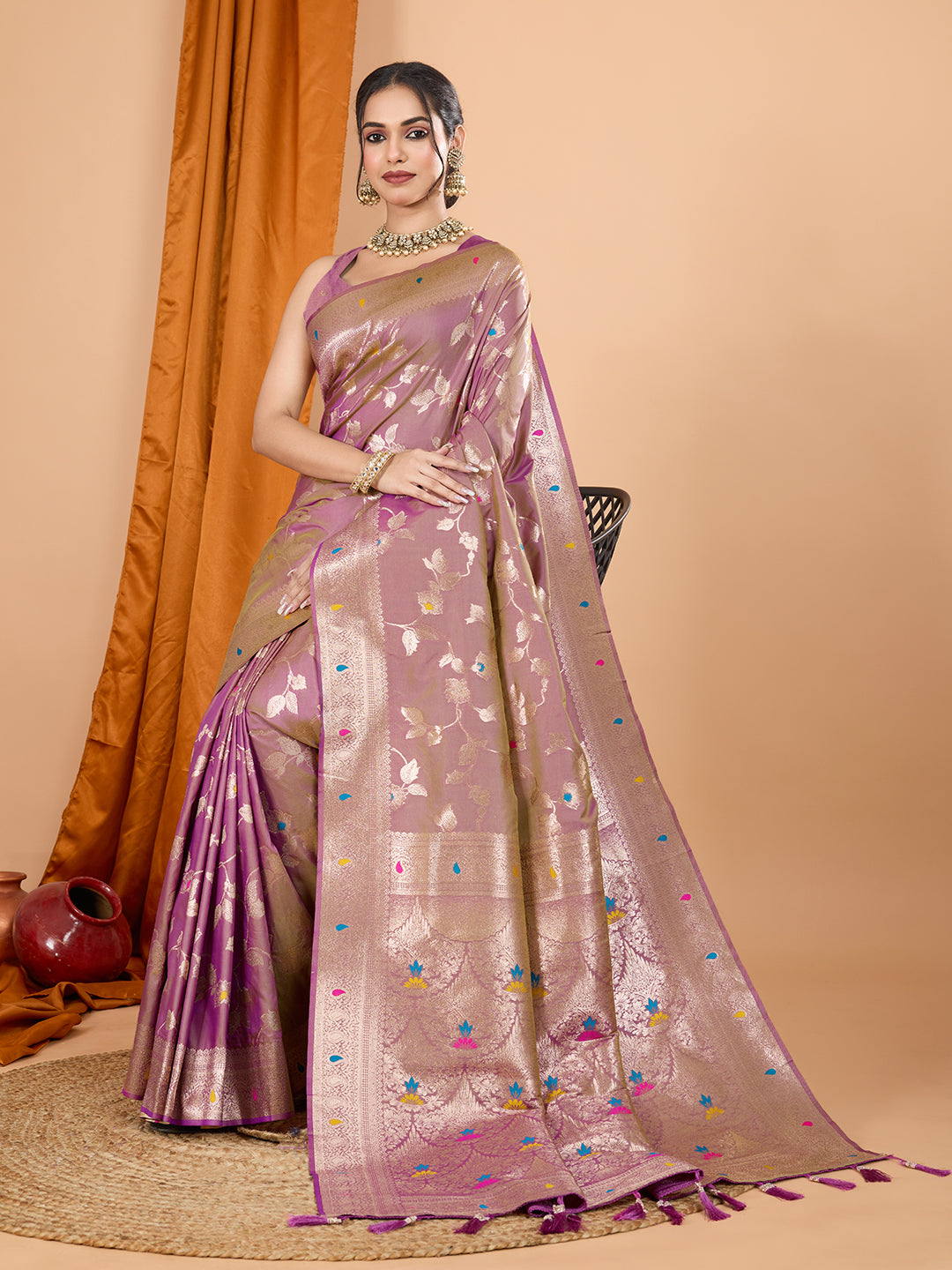 Lavender Soft Banarasi Silk Saree Featuring Meenakari Zari Weaving & Tassels on Pallu