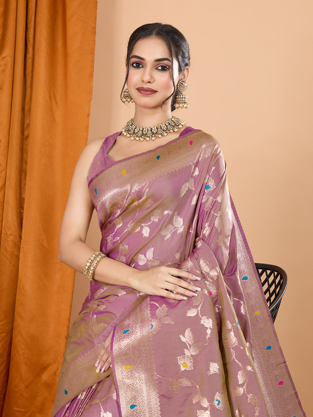 Lavender Soft Banarasi Silk Saree Featuring Meenakari Zari Weaving & Tassels on Pallu