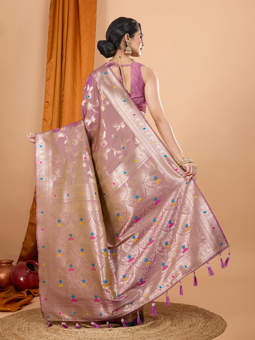 Lavender Soft Banarasi Silk Saree Featuring Meenakari Zari Weaving & Tassels on Pallu