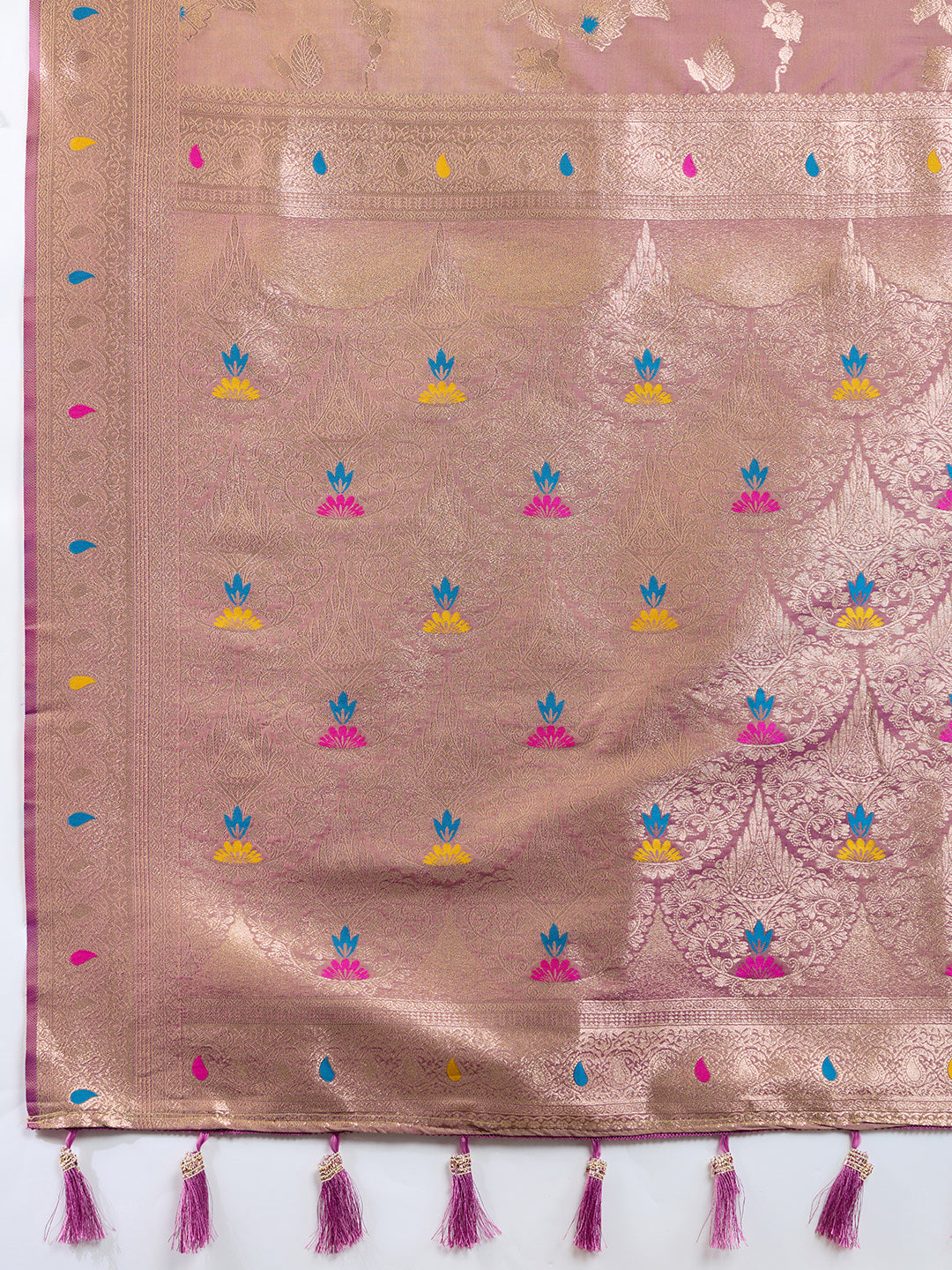 Lavender Soft Banarasi Silk Saree Featuring Meenakari Zari Weaving & Tassels on Pallu