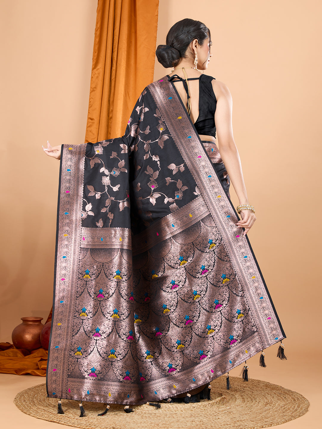 Black Soft Banarasi Silk Saree Featuring Meenakari Zari Weaving & Tassels on Pallu