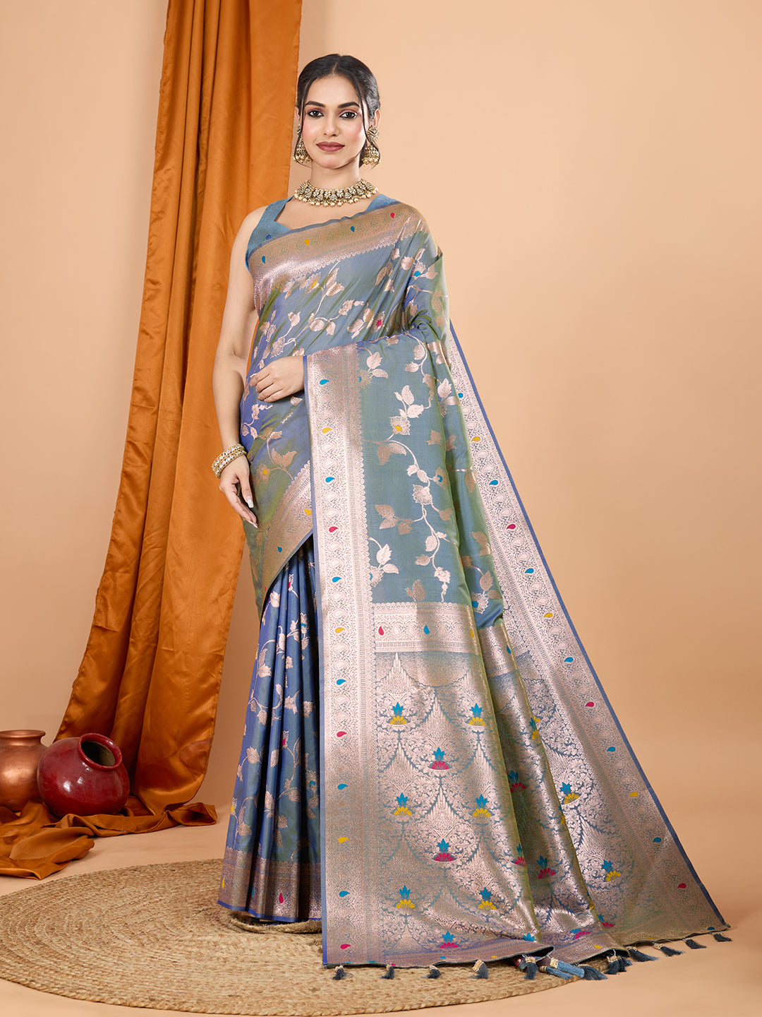 Grey Soft Banarasi Silk Saree Featuring Meenakari Zari Weaving & Tassels on Pallu