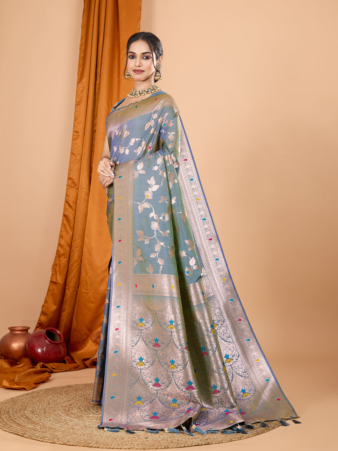 Grey Soft Banarasi Silk Saree Featuring Meenakari Zari Weaving & Tassels on Pallu