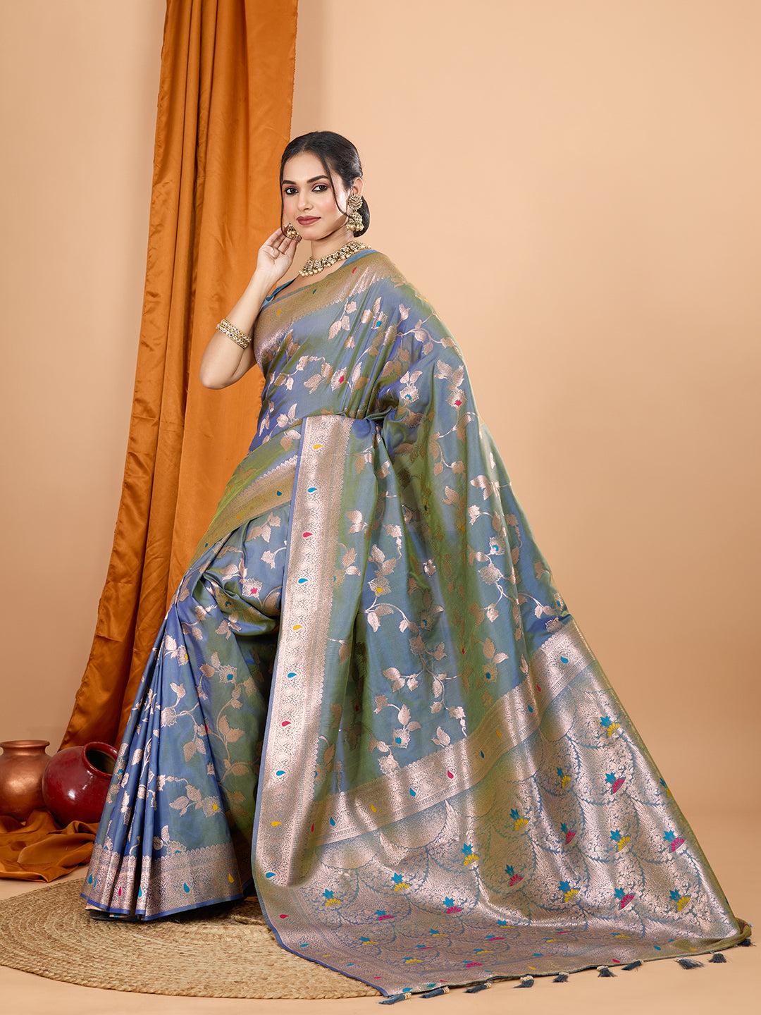 Grey Soft Banarasi Silk Saree Featuring Meenakari Zari Weaving & Tassels on Pallu