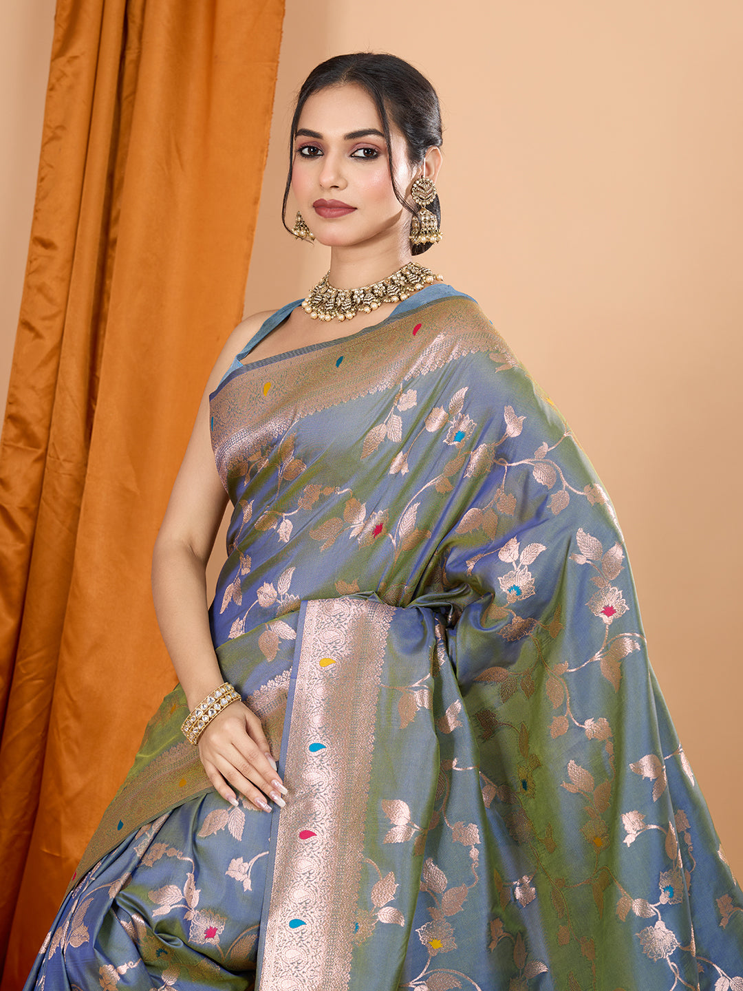 Grey Soft Banarasi Silk Saree Featuring Meenakari Zari Weaving & Tassels on Pallu