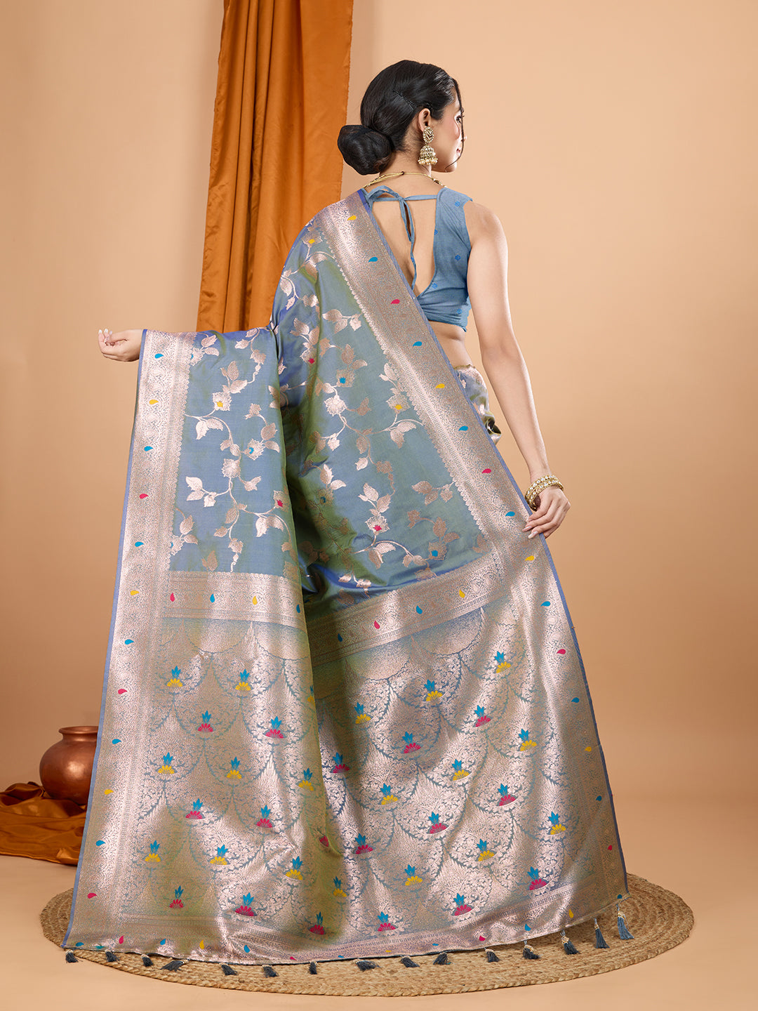 Grey Soft Banarasi Silk Saree Featuring Meenakari Zari Weaving & Tassels on Pallu