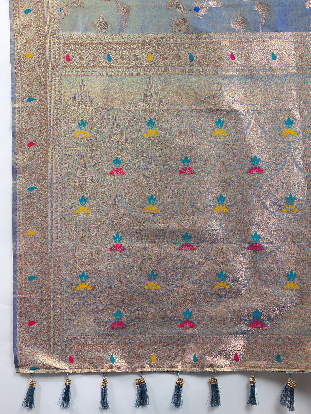 Grey Soft Banarasi Silk Saree Featuring Meenakari Zari Weaving & Tassels on Pallu