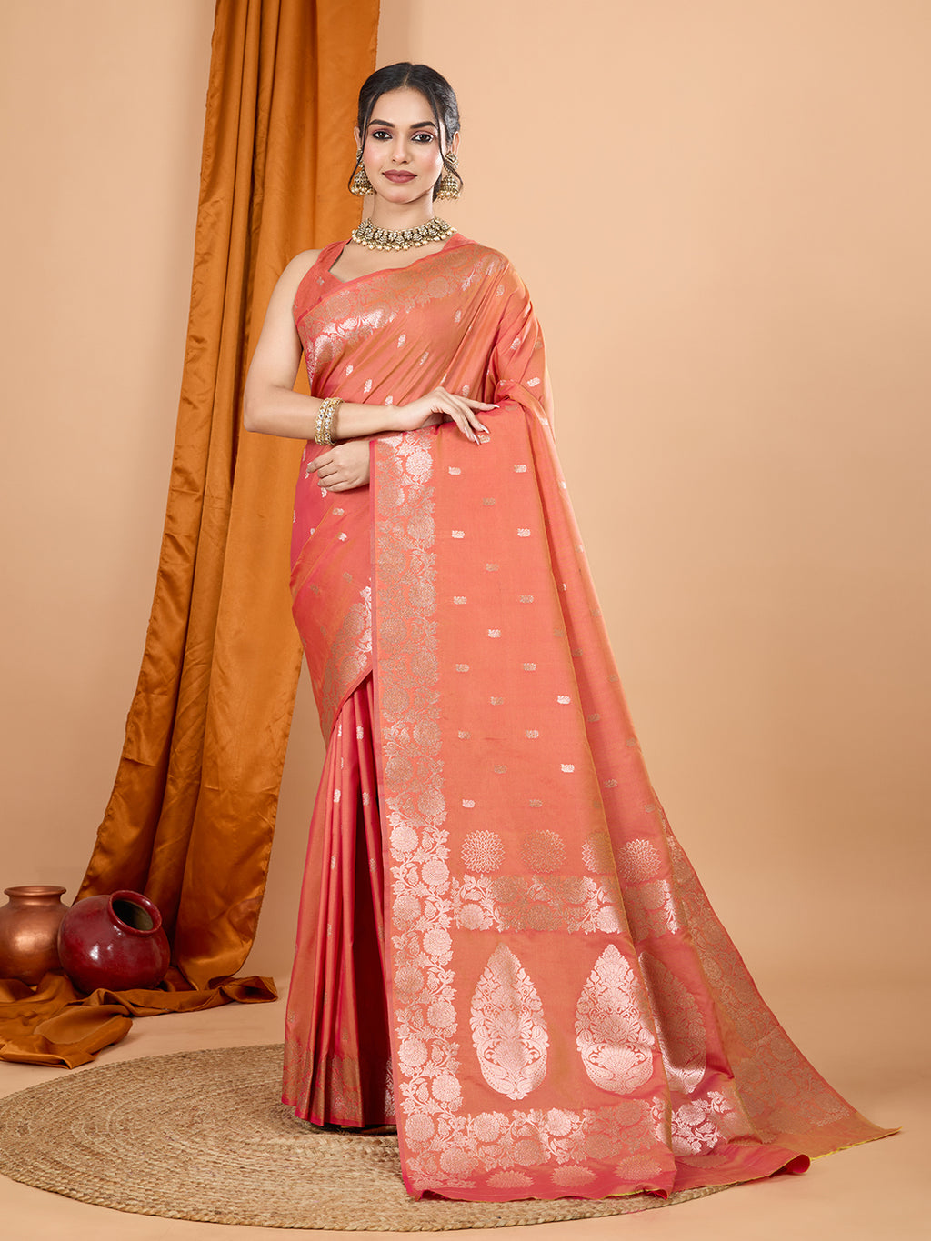 Orange Soft Banarasi Silk Saree Featuring Meenakari Zari Weaving & Tassels on Pallu