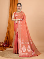 Orange Soft Banarasi Silk Saree Featuring Meenakari Zari Weaving & Tassels on Pallu