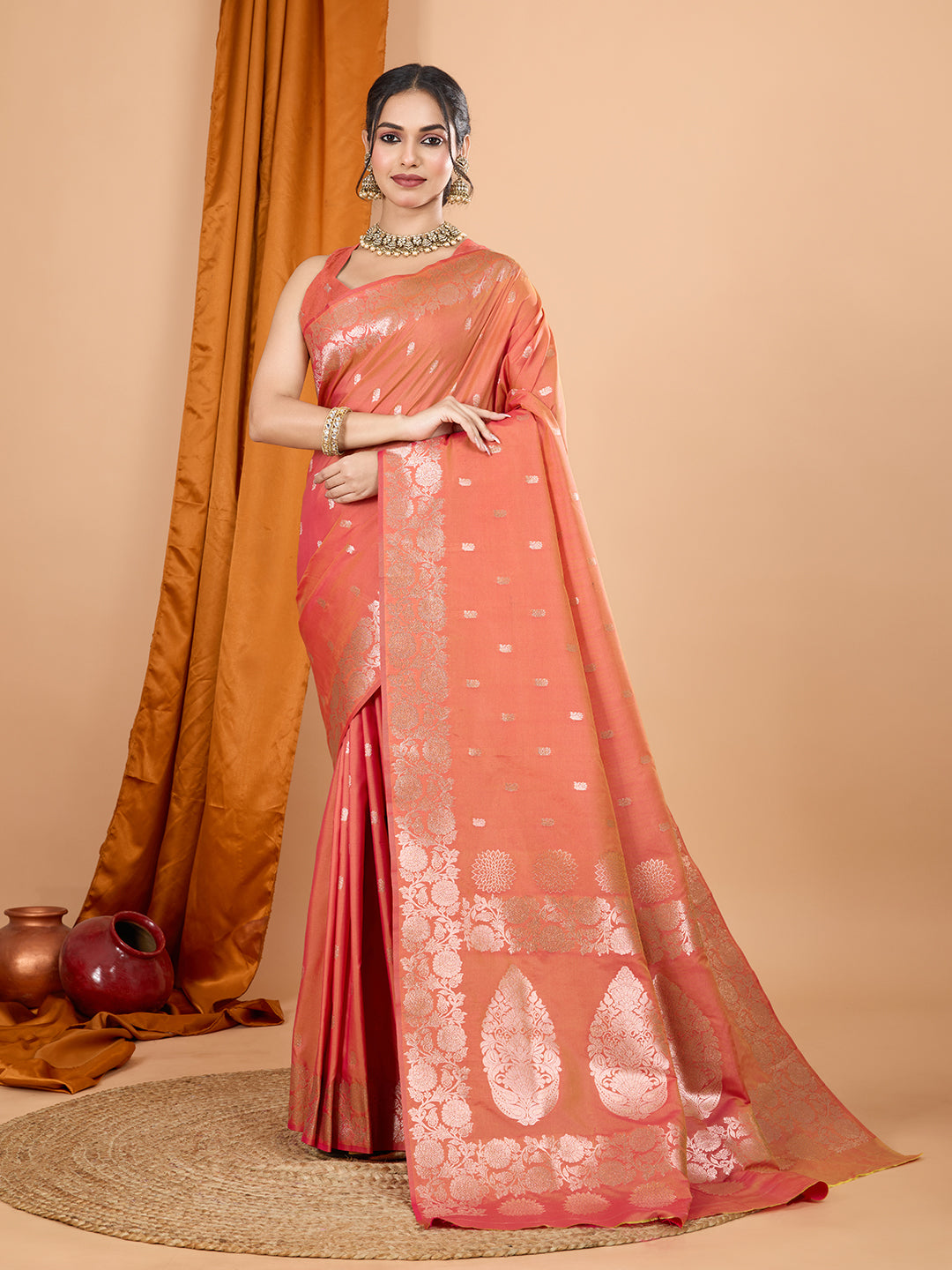 Orange Soft Banarasi Silk Saree Featuring Meenakari Zari Weaving & Tassels on Pallu