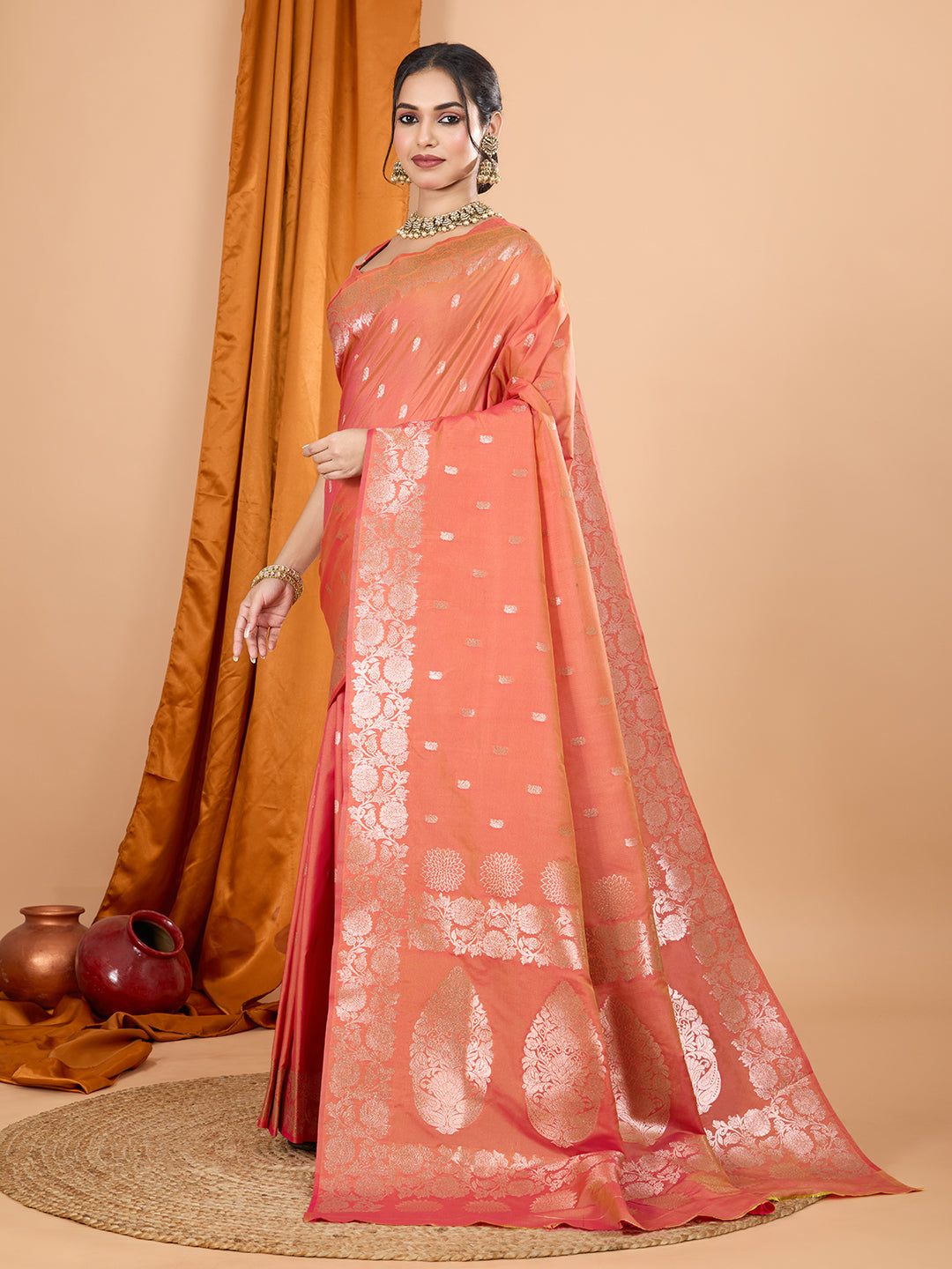 Orange Soft Banarasi Silk Saree Featuring Meenakari Zari Weaving & Tassels on Pallu