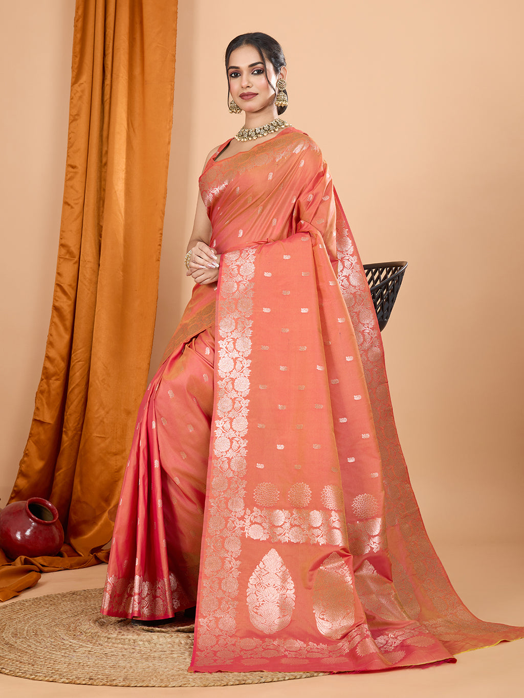 Orange Soft Banarasi Silk Saree Featuring Meenakari Zari Weaving & Tassels on Pallu