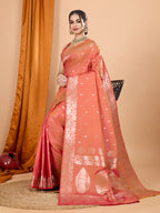 Orange Soft Banarasi Silk Saree Featuring Meenakari Zari Weaving & Tassels on Pallu