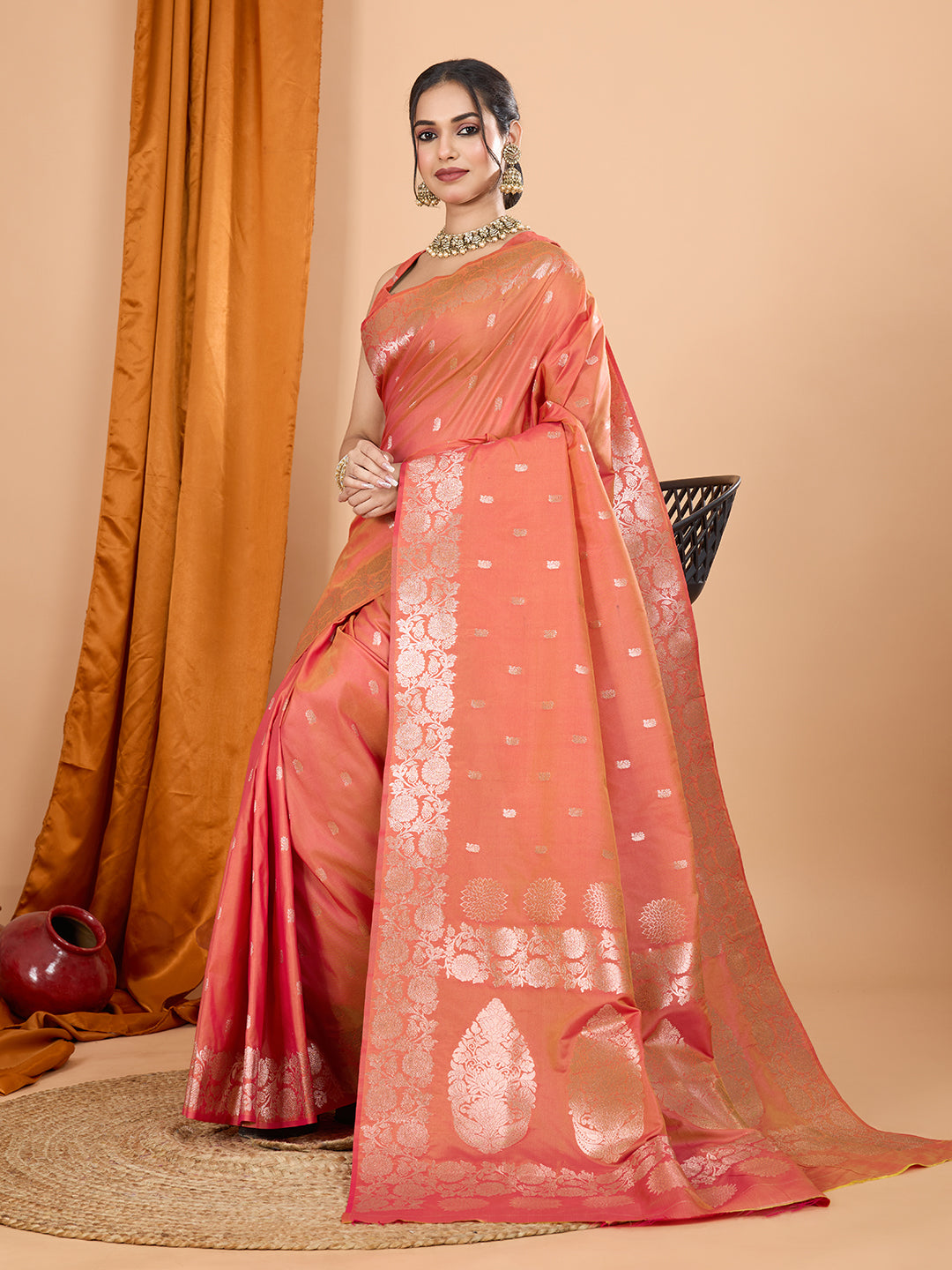 Orange Soft Banarasi Silk Saree Featuring Meenakari Zari Weaving & Tassels on Pallu